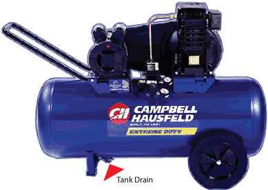 Drain the compressor tank - tank drain location on a Campbell Hausfeld air compressor