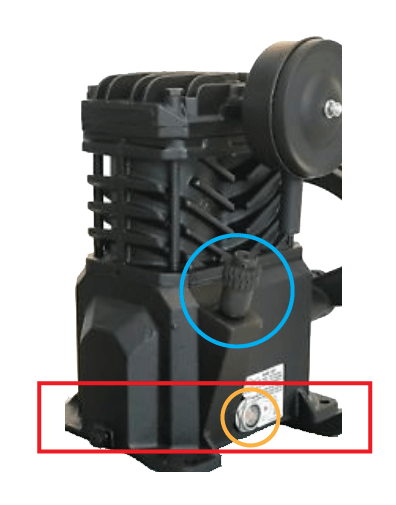 kompressor pumpe viser olie fyld, olie niveau og olie sump områder.