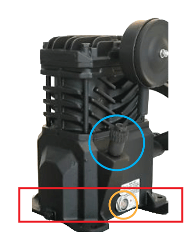 Compressor pump showing oil fill, oil level and oil sump areas