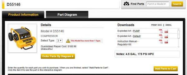 DeWalt compressor parts information