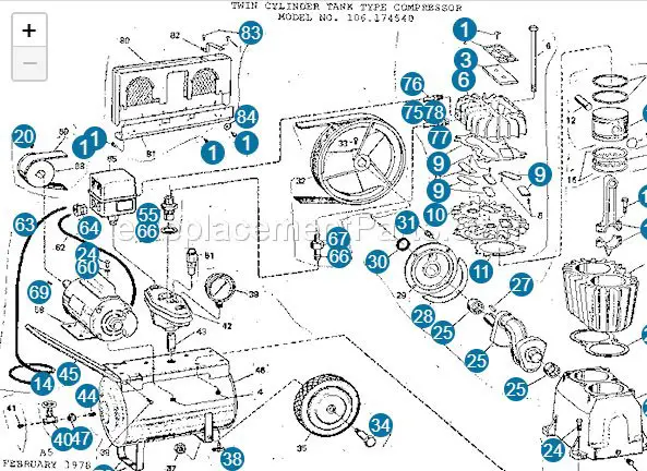 Parts diagram for a Craftsman compressor model 106.174540